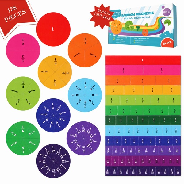 Simply Magic 138 PCS Magnetic Fraction Tiles & Fraction Circles - Math Manipulatives for Elementary School - Fraction Magnets & Resources - Fraction Strips & Bars - Magnetic Learning Resources