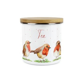 Purely Home English Robins Tea Canister - White Metal Enamel Kitchen Food Storage Container
