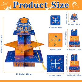 Haooryx Graduation Cupcake Stand Decoration - 3-Tier Orange Blue Graduate Cap Cupcake Tower with Tassel Cardboard Dessert Holder Kindergarten Primary High School College Graduation Party Table Decor
