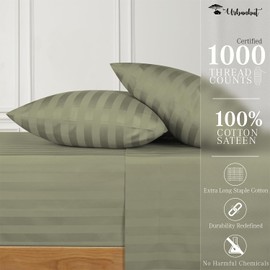 URBANHUT 1000 Thread Count Damask Striped California King Size Egyptian Cotton Sheets, Long Staple Soft & Breathable, 4 Pc Bed Sheet Sets, Luxury Hotel Sateen Sheets Fits 16" Deep Pocket - Sage