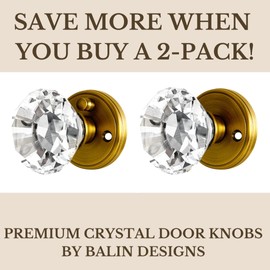 Balin Designs Crystal Doorknob (Brass) - Decorative Hardware Interior Keyless Passage Door Lock for Hallway Passage, Kitchen, or Other Doors (2 Pack)