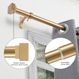 Single Curtain Rods for Windows 48 to 84 Inch(4-7ft),1 Inch Diameter Adjustable Heavy Duty Drapery Rods,with Modern Square Aluminum Alloy Finials,Warm Gold