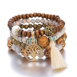 Chaioe Bohemian Layered Bead Bracelet Stretch Tassel Bracelets Set Tree of Life Charm Statement Bangle Jewelry for Women and Girls