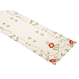 Embroidered Poppy & Trailing Leaf Table Runner Cutwork Detail Dining Linen Tableware (13" x 70")