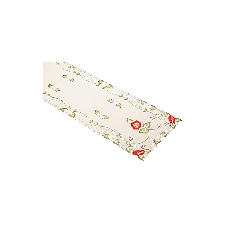 Embroidered Poppy & Trailing Leaf Table Runner Cutwork Detail Dining