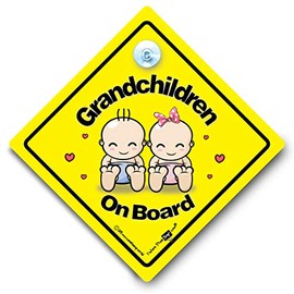 Grandchildren On Board Car Sign, Grandchildren Car Sign, High Visibility Baby On Board Sign Designed to Let Other Road Users Grandchild on Board, Suction Cup Baby Sign 14 Cm x 14cm x 2cm
