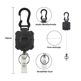 Heavy Duty Retractable Key Chain, Carabiner ID Card Holder, Tactical ID Card Holder, ID Badge Holder Key Reel, ID Card Sleeves for Male (Black)