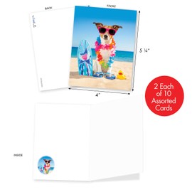 The Best Card Company - 20 Bulk Dog Note Cards Blank (4 x 5.12 Inch) - Adorable Pet Puppy Notecards (10 Designs, 2 Each) - Dog on a Beach AM9264OCB-B2x10