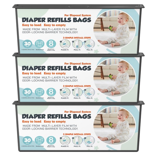 Diaper Pail Refills Bags with 30 Bags Compatible with Genie