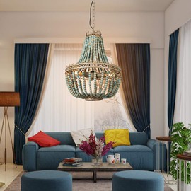 FIRVRE 3-Lights Wood Beaded Chandelier,Bohemia Blue Beach Ceiling Light,for Living Room,Bedroom,Kitchen Island