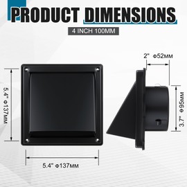 Gisafai 4'' Dryer Vent Cover Outside Walls External Extractor Fan Exhaust Vent Cap Stainless Steel Hood Cushioned Non Return Flap with Sealing Gasket Grille Screen(Black)
