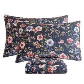 Lady Ann Luxury Soft Queen Size Sheet Sets 100% Egyptian Cotton Sheets Navy Flower Print Bedding Sheets Queen Size Bed Breathable 4pcs Deep Pockets Bedsheets