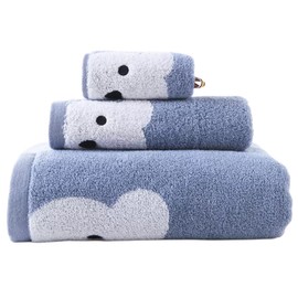 KINGSHORE 3 Piece Premium Bath Towel Set for Kids(Naughty Bear), 1 Bath Towel 1 Hand Towel 1 Washcloth, Quick-Drying, 100% Cotton，Oeko-TEX Certified (Blue)