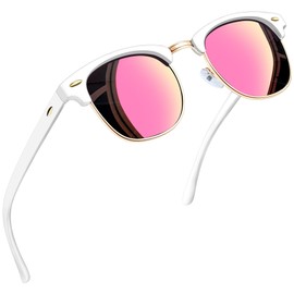 Joopin White Semi Rimless Sunglasses Trendy Mirrored Pink Shades for Women Ladies Trendy Half Frame Sun Glasses Polarized UV Protection Browline Shady Rays