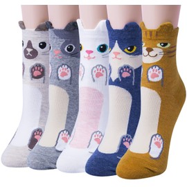 5 Pairs of Women's Funny Original Cute Animal Printed Casual Cotton Socks for Girls and Women, One Size, White Blue, One size,Grey1
