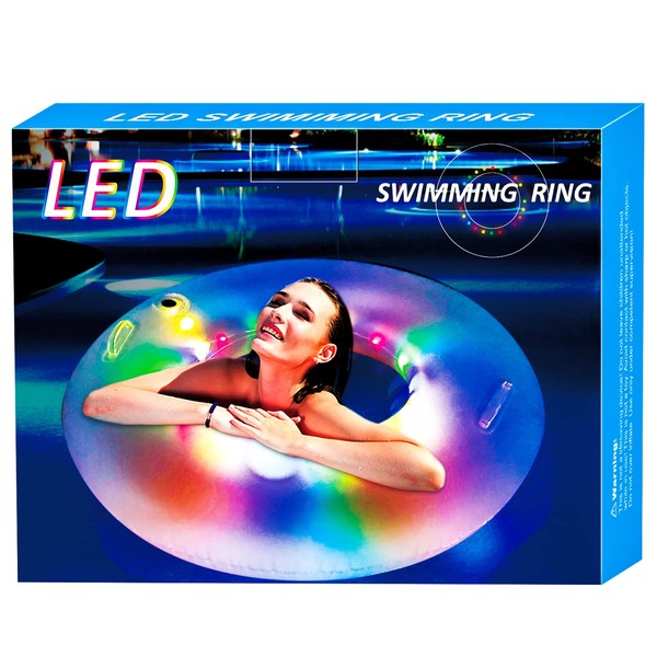 LED Pool Floats for Adult, Adult Pool Float Tube, LED Pool Swim Ring, Water Fun Large Blow Up Summer Beach Swimming Raft with two handles(Dia: 100cm)