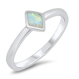 White Simulated Opal Diamond-Shape Simple Ring .925 Sterling Silver Band Size 10