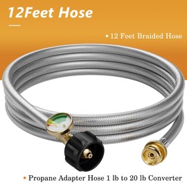 NUPICK 12FT Propane Hose with Gauge, Propane Hose Adapter 1lb to 20lb, Stainless Steel Propane Adapter Hose for Buddy Heater, Weber Q, Coleman Camping Stove, Protable Grill