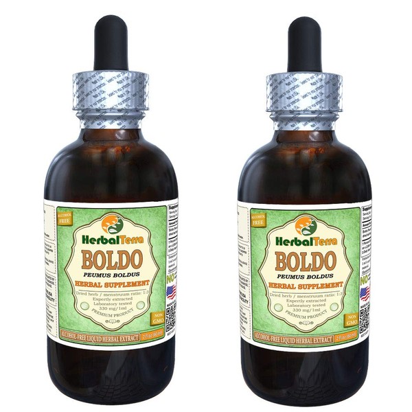 Boldo (Peumus boldus) Glycerite, Dried Leaves Alcohol-Free Liquid Extract (Brand Name: HerbalTerra, Proudly Made in USA) 2x2 fl.oz (2x60 ml)