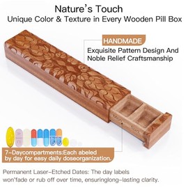 Wooden 7 Day Pill Organizer, Daily Once-a-Day Pill Box, Portable Travel Pill Case with Medium Compartments, Arthritis Friendly for Weekly Medication &