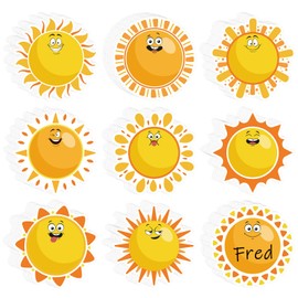 JarThenaAMCS 135Pcs Sun Stickers for Kids Cartoon Sun Shape Name Tag Nameplate Stickers Funny Classroom Bulletin Board Label Decals for Back to School Desk Wall Message Baby Shower Party, 9 Designs