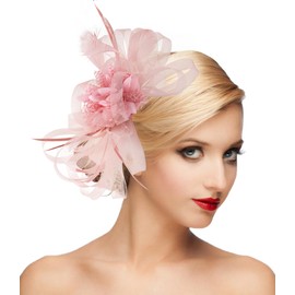 dressfan Fascinator Hat Headpiece Womens Vintage Wedding Mesh Feather Hair Clip,20s 50s Headband Hair Accessories Headwear for Kentucky Derby/Wedding/Cocktail/Tea Party,HA5428-Dusty Pink
