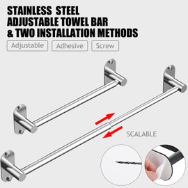MIROAMZ Towel Bar, Adjustable 14.4inch - 25.2inch Towel Rack, Self Adhesive & Wall Mounted for Bathroom Kitchen Hand Towel Holder Cloths Hanger SUS 304 Stainless Steel Organizer Single Bar(Chrome)