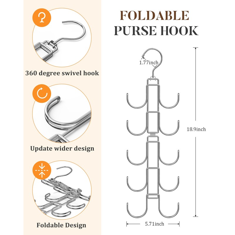 Purse Hanger for Closet, 360 Degree Purse Organizer with 10