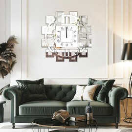 Artloge Crushed Diamond Wall Clock: Decorative 24 inch Round Mirrored Clock with Beveled Glass Mirror Edge Frame and Bling Diamonds, Art Deco Home Modern Decoration for Livingroom, Silver