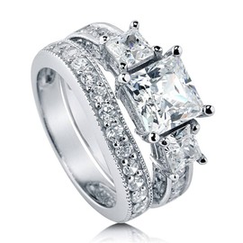 BERRICLE Sterling Silver 3-Stone Wedding Engagement Rings 2 Carat Princess Cut Cubic Zirconia CZ Ring Set for Women, Rhodium Plated Size 8