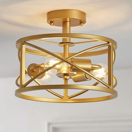 WUZUPS Chandelier 3-Light Vintage Farmhouse Industrial Semi-Flush Mount Ceiling Light Modern Lighting Fixture for Foyer Bedroom Hallway Storage Room Kitchen Bathroom, H 12" x W 9.4", E26 Base, Gold