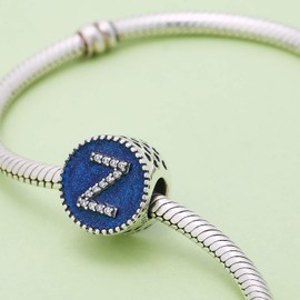 Hoobeads Abalorio de letras de Navidad con inicial del alfabeto A-Z de plata de ley 925 esmaltado azul, Sterling 925, Circonita cúbica