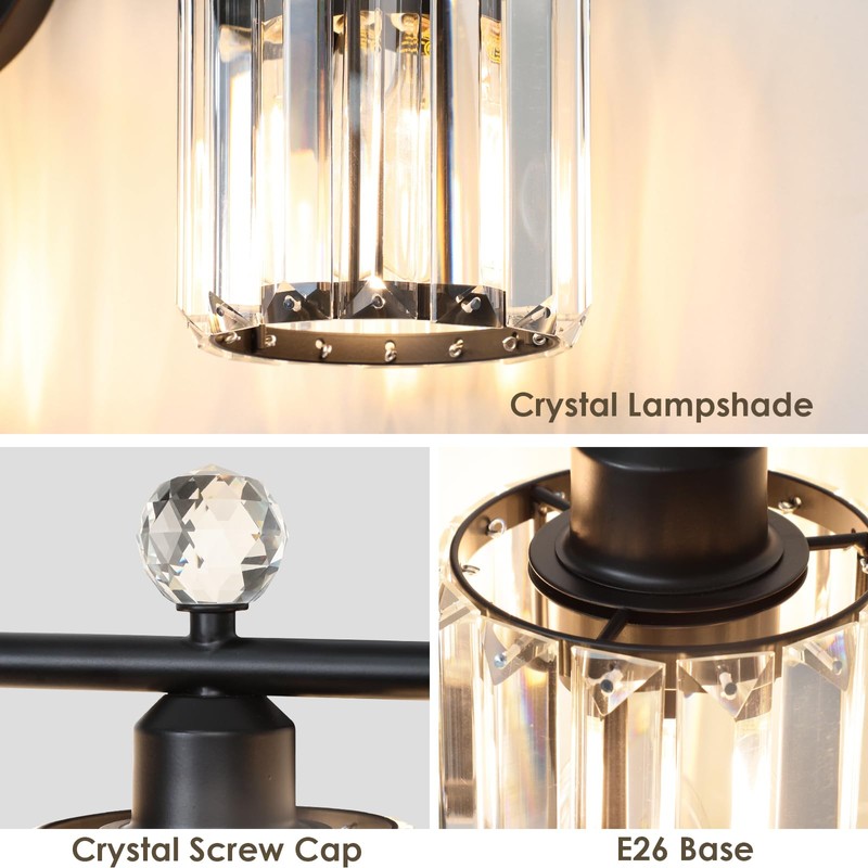 Modern 3 Light Crystal Vanity Light,Black Vertical Bathroom Light Fixture