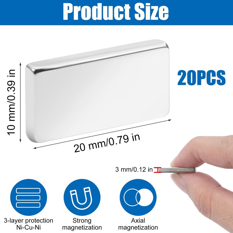 Pack of 20 Neodymium Magnets Rectangular, 20 x 10 x