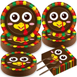 QOUBAI 200Pcs Thanksgiving Turkey Paper Plates and Napkins Fall Party Supplies Disposable Autumn Tableware Dinnerware Set for Thanksgiving Harvest Holiday Table Party Decoration Serve 50