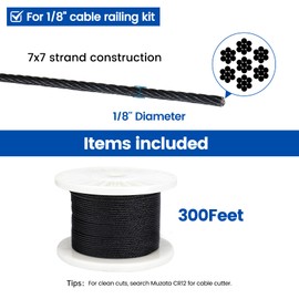 Muzata 300 ft 1/8" Black Stainless Steel Cable Railing System Hardware T316 Stainless Steel Wire Rope 7x7 Strands 1800 lb Breaking Strength Black Cable Railing Kit for Indoor Outdoor WR19
