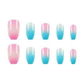 RUOKEXIN Square Press on Nails Medium Fake Nails Pink Blue Ombre False Nails with Designs Medium Square Nail Press ons Sparkly Artificial Nails Cute Stick on Nails for Women 24Pcs