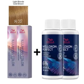 Wella Illumina Hair Dye 837 Light Blonde Gold Brown 57g x 2 + Welloxone Oxidizer 6% 60g x 2, 1 / 웰라 일루미나 염색약 837 라이트 블론드 골드 브라운 57g x 2개 + 웰록손 산화제 6% 60g x 2개, 1개