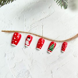 Christmas Press on Nails Short Square Fake Nails with Christmas Tree Snowman Designs Red Glossy False Nails Full Cover Acrylic Nails White Snow Glue on Nails for Women Girls 24Pcs