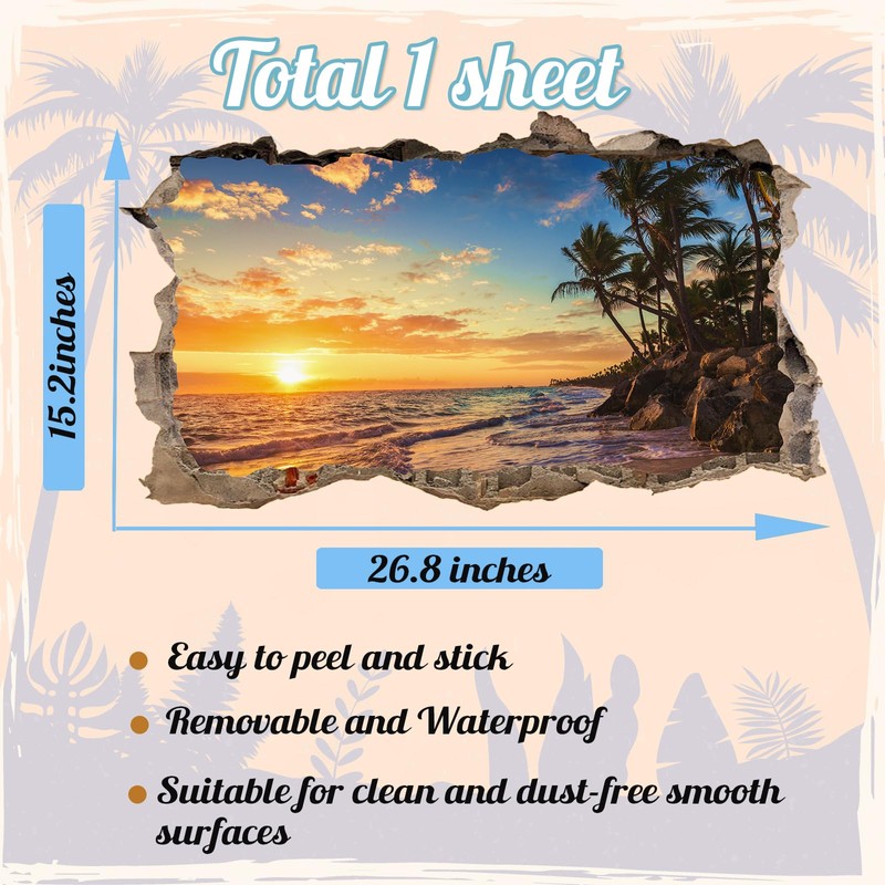 KOKOLAP Sunset Wall Sticker,Beach Wall Decals,3D Broken Wall Sun Beach