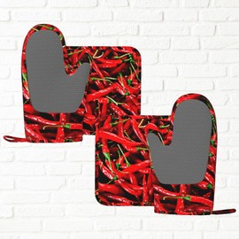 Red Chili Peppers Oven Mitts and Pot Holders Sets, 4pcs Silicone Non-Slip Kitchen Mitts Potholders Heat Resistant BBQ Gloves Hot Pads for Cooking Grilling Baking Microwave Chef Gifts Decor
