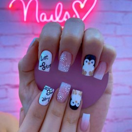 Christmas Fake Nails Short Square Winter Press on Nails Nude Full Cover White Snow Penguin False Nails with Designs Glossy Glue on Nails Cute Acrylic Nails Artificial Nails for Women Girls 24Pcs