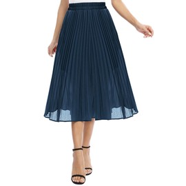 EXCHIC Women's Casual Chiffon Elastic Waist One Line Pleated Midi Skirt with Pocket, navy blue