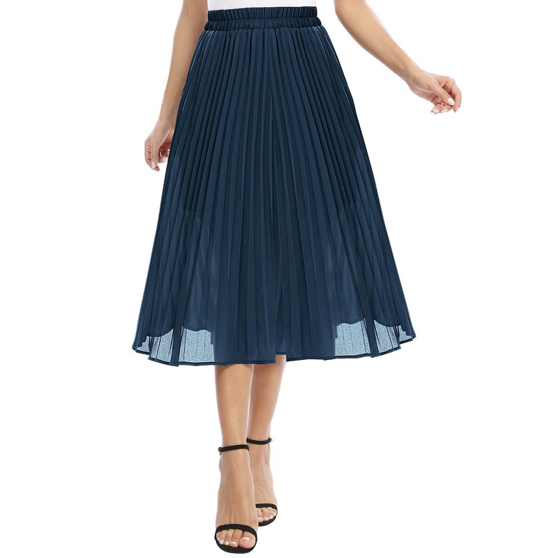 EXCHIC Women's Casual Chiffon Elastic Waist One Line Pleated Midi