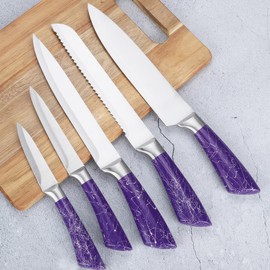 Kitchen Knife Set, 6 Pieces Knife Set with Acrylic Knife Block, Non-Stick Stainless Steel Super Sharp Knives Set for Kitchen with Ergonomic Handle, Knife Block Set for Home Kitchen (Purple)