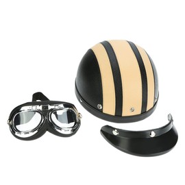 Shkalacar Motorcycle Leather Open Face Helmet, Motorcycle Scooter Face Half Leather Helmet with Visor, UV Protective Goggles Retro Vintage Style (54-60 cm)