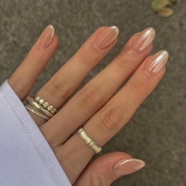 Chrome False Nails Short, SXVME Chrome Press On Nails Short Oval, Glazed Gel Fake Nails Press on, Cute Glitter Acrylic Nails Short Almond, Natural Stick on Nails for Women Daily Wear, Champagne