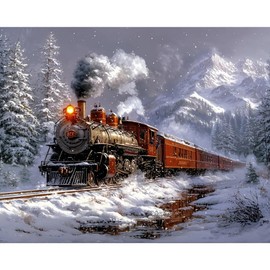 Train Paint by Numbers Kit for Adults,Winter Painting by Numbers,DIY Acrylic Paint Kit for Adults Beginners Without Frame,Easy Christmas Adult Paint by Number Kits on Canvas for Decor 16x20inch