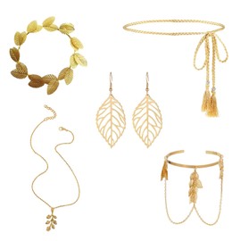 Greek Goddess Costume Accessories – 5Pcs Greek Goddess Accessories Set with Gold Laurel Leaf Headpiece, Necklace, Earrings, Waist Chain, Arm Ring, Fancy Dress Jewelry for Women Girls