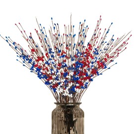 Phliofd 120 Pcs Artificial Jasmine Flowers Stems with Blue White Red Berry for Patriotic Decorations, 21.6" Long Stem Jasmine Faux Flowers for 4th of July Home Independence Day Decor
